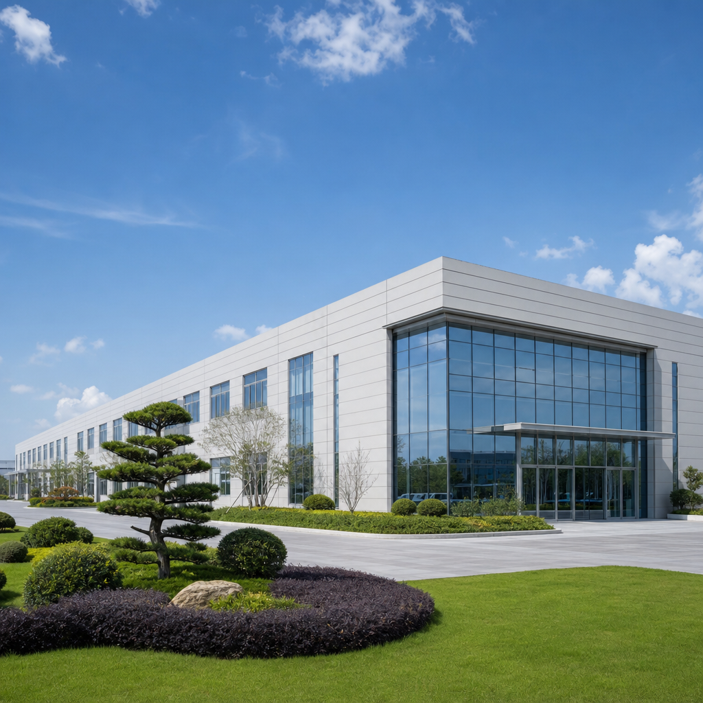 Modern manufacturing facility exterior with landscaped courtyard