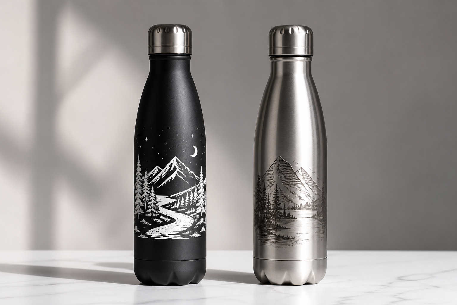 Silkscreen and laser engraving compared side by side on stainless steel bottles