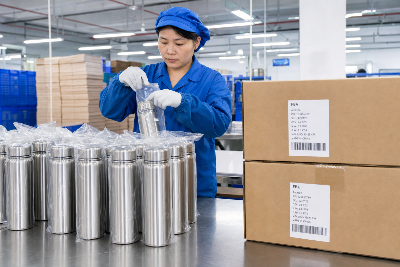 Amazon FBA prepped polybags and master cartons at a drinkware factory