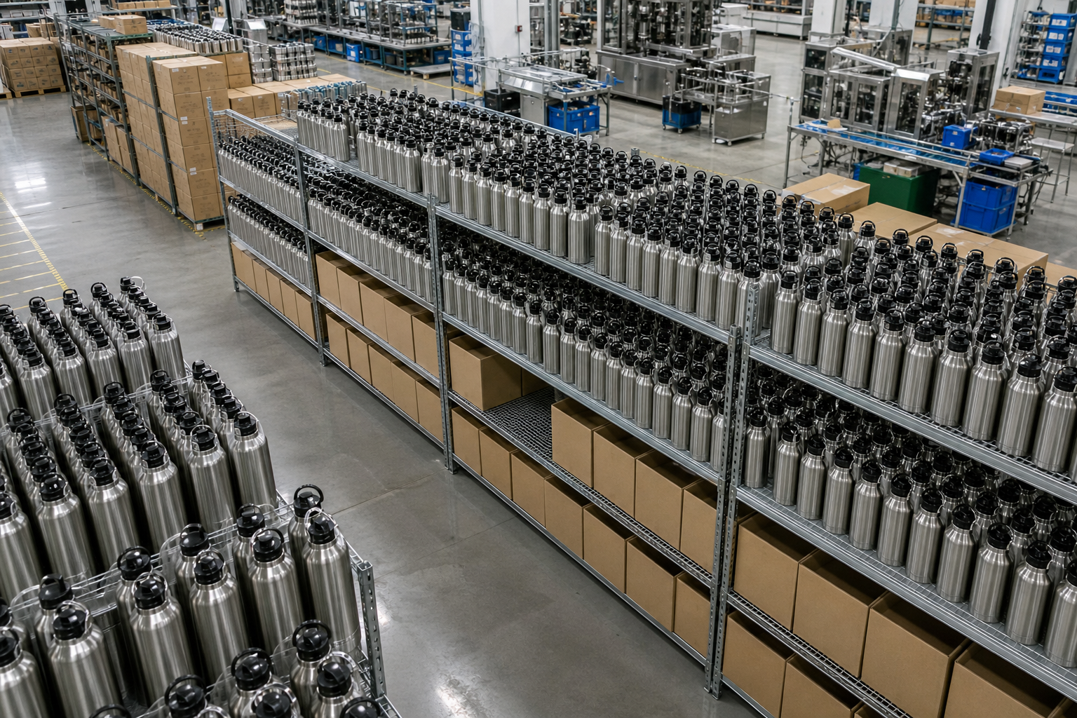 Organized warehouse with rows of stainless steel water bottles