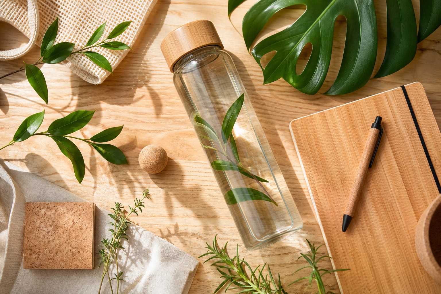Borosilicate glass bottle with bamboo lid on a natural wood surface