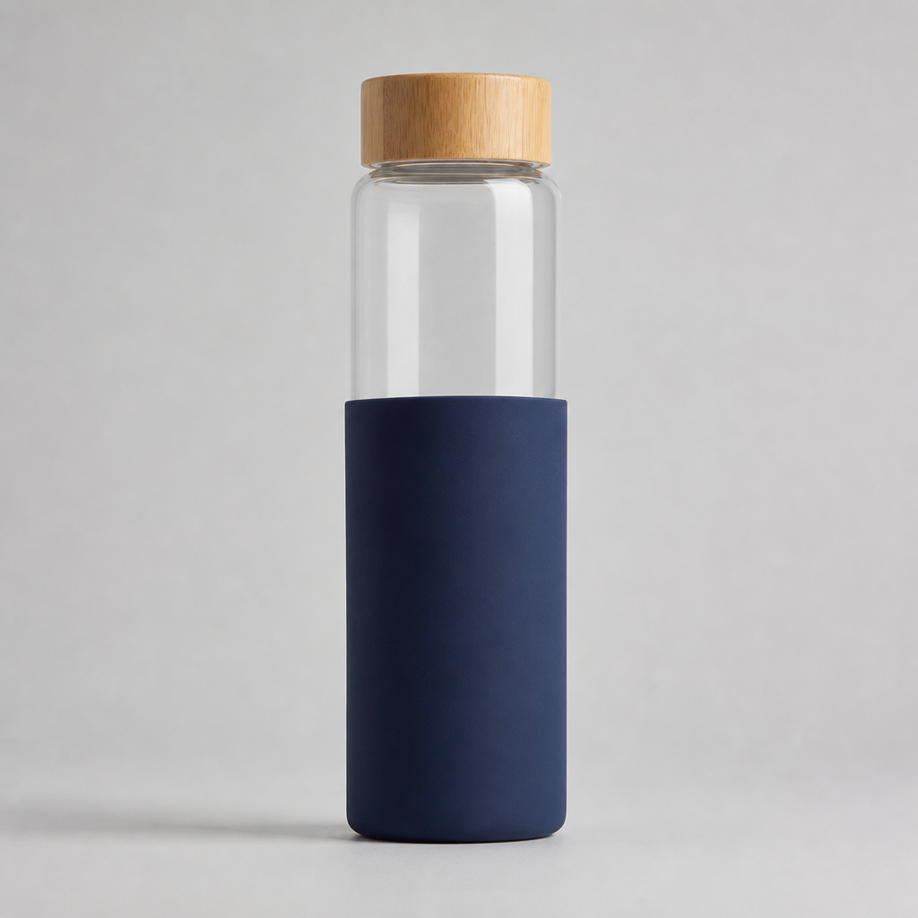 Borosilicate glass bottle with silicone sleeve and bamboo lid