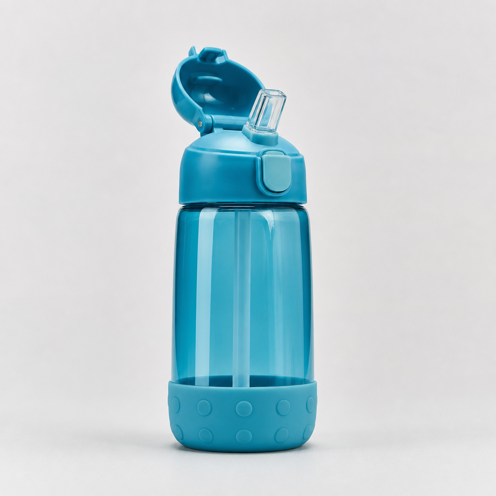 Colorful kids water bottle with silicone grip and straw lid