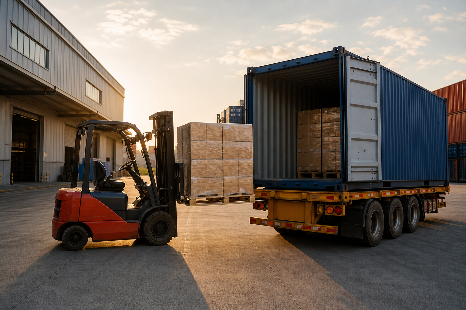 Modern Chinese export logistics facility loading containers at golden hour