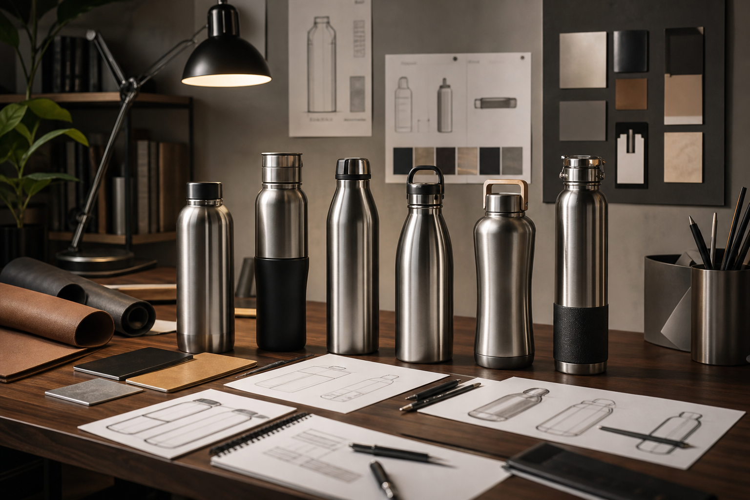 Designer workspace with stainless bottle prototypes on a dark walnut desk
