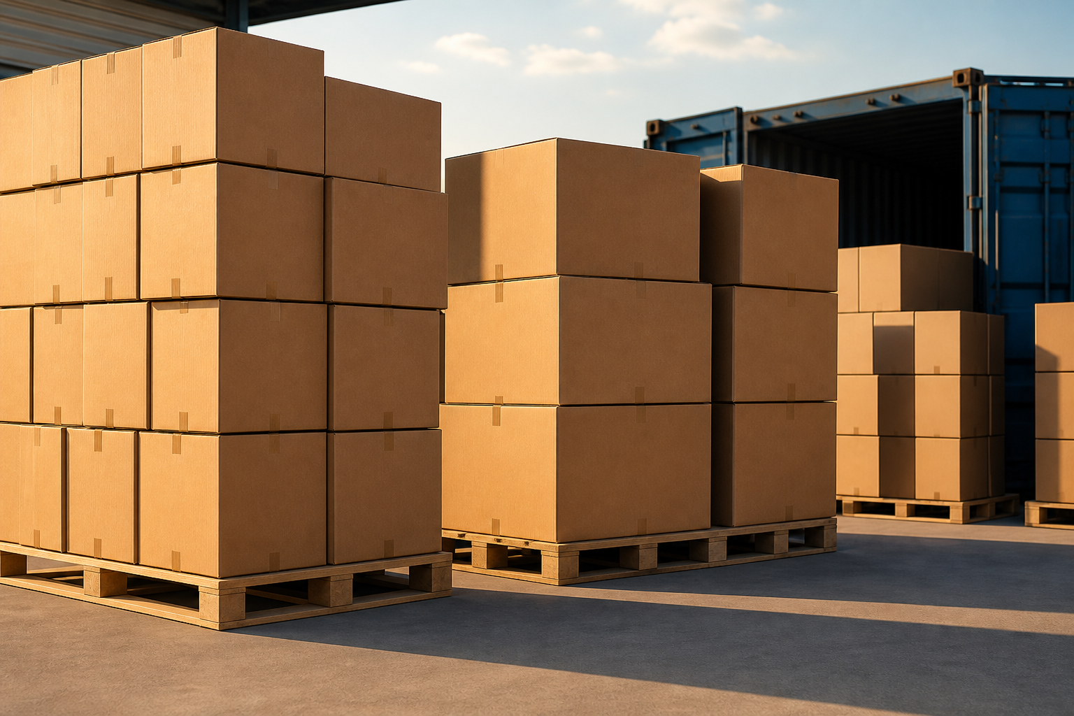 Stacks of branded shipping cartons on a loading dock at golden hour