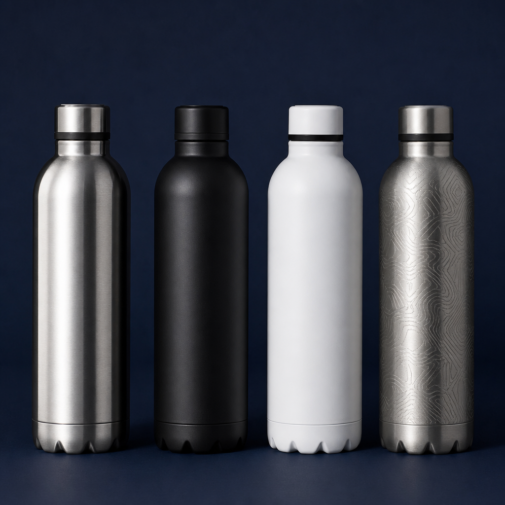 Four stainless steel bottles with different decoration finishes lined up on a dark background