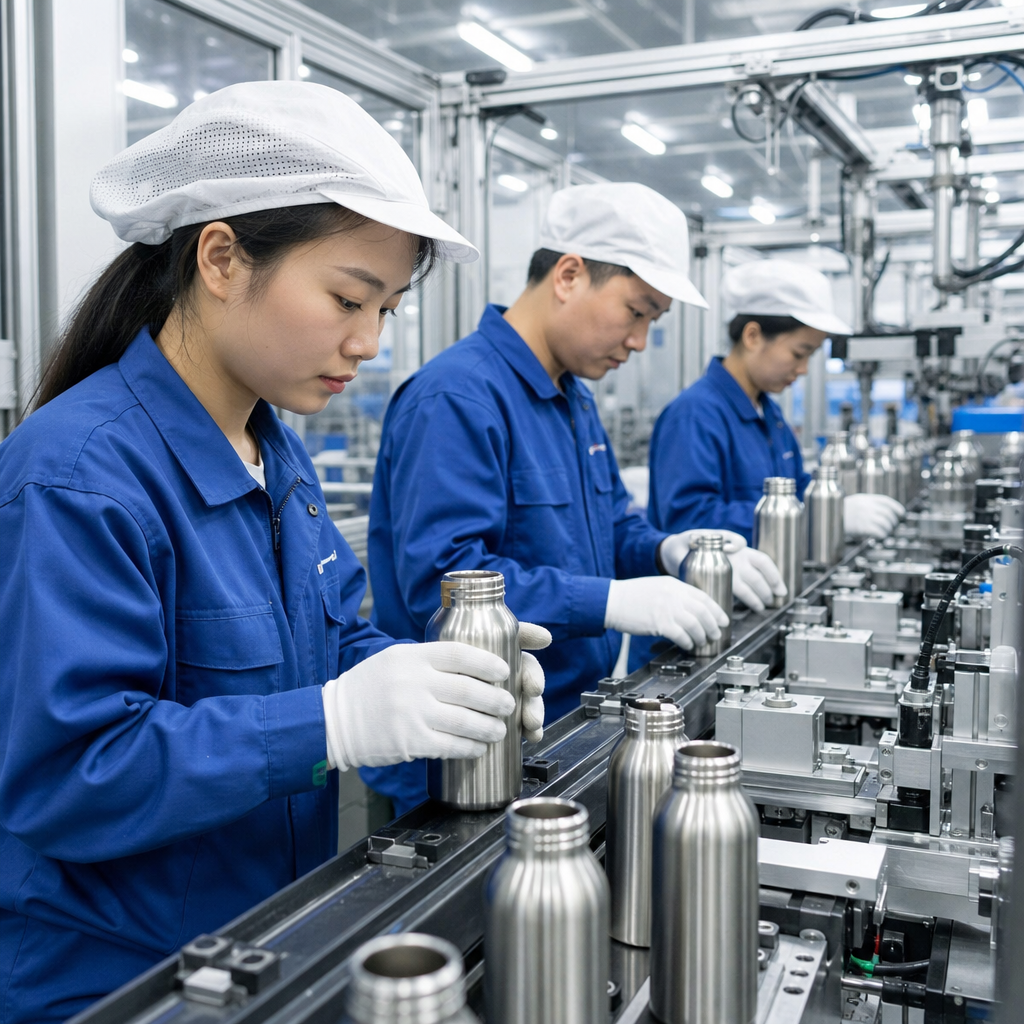Production line workers in uniform inspecting stainless thermoses