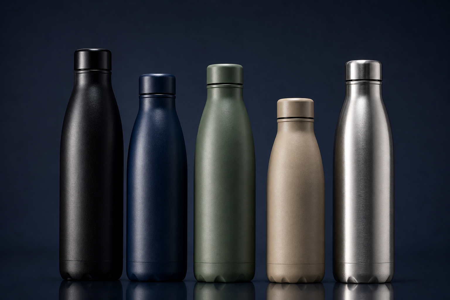 Premium custom stainless steel water bottles in five colors arranged in a row