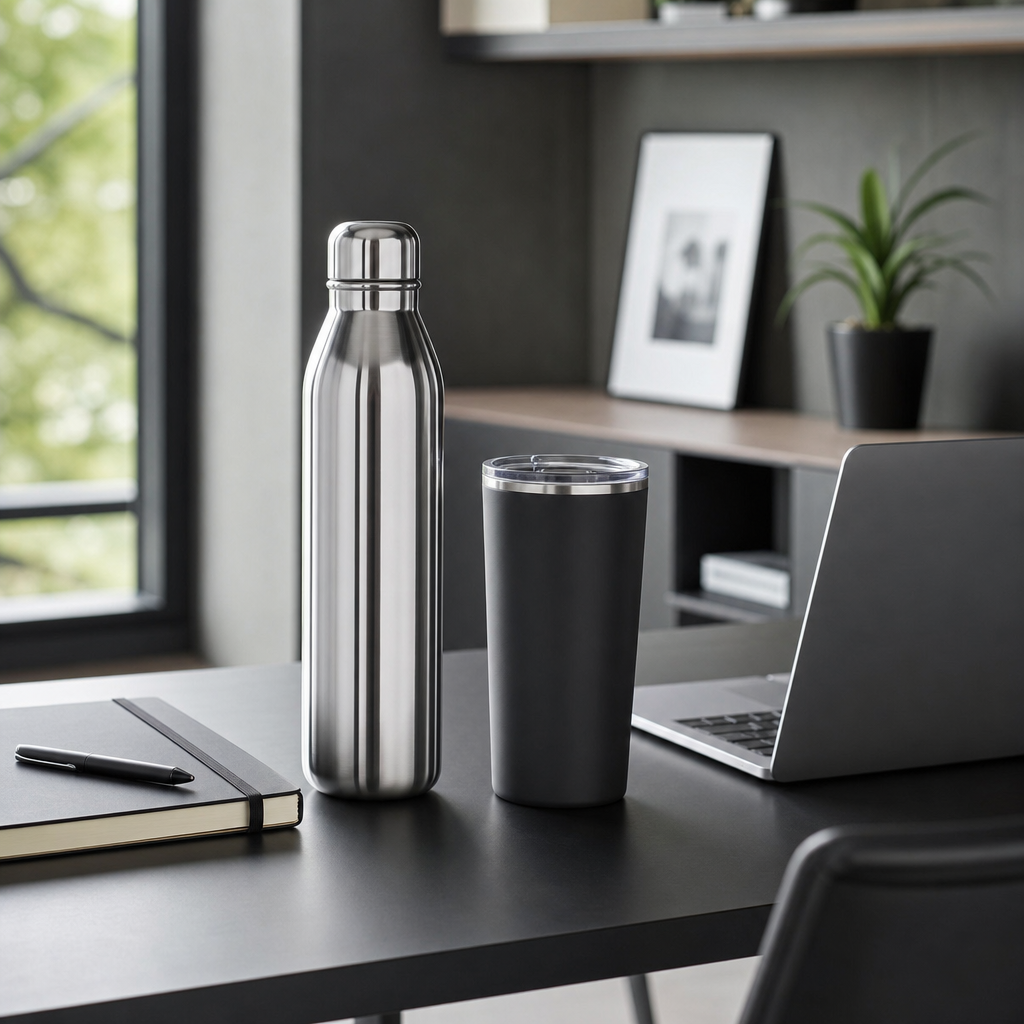 A stainless steel water bottle and a travel tumbler on a modern minimalist office desk