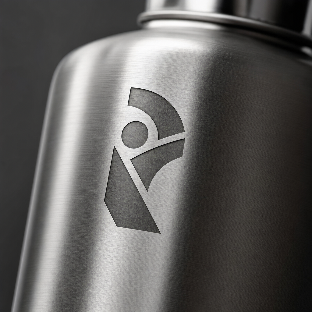 Close-up of precision laser engraving on a brushed stainless steel bottle