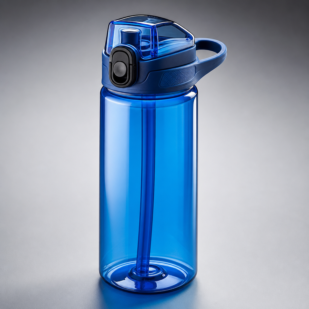 Translucent blue Tritan sports water bottle with flip-top straw lid
