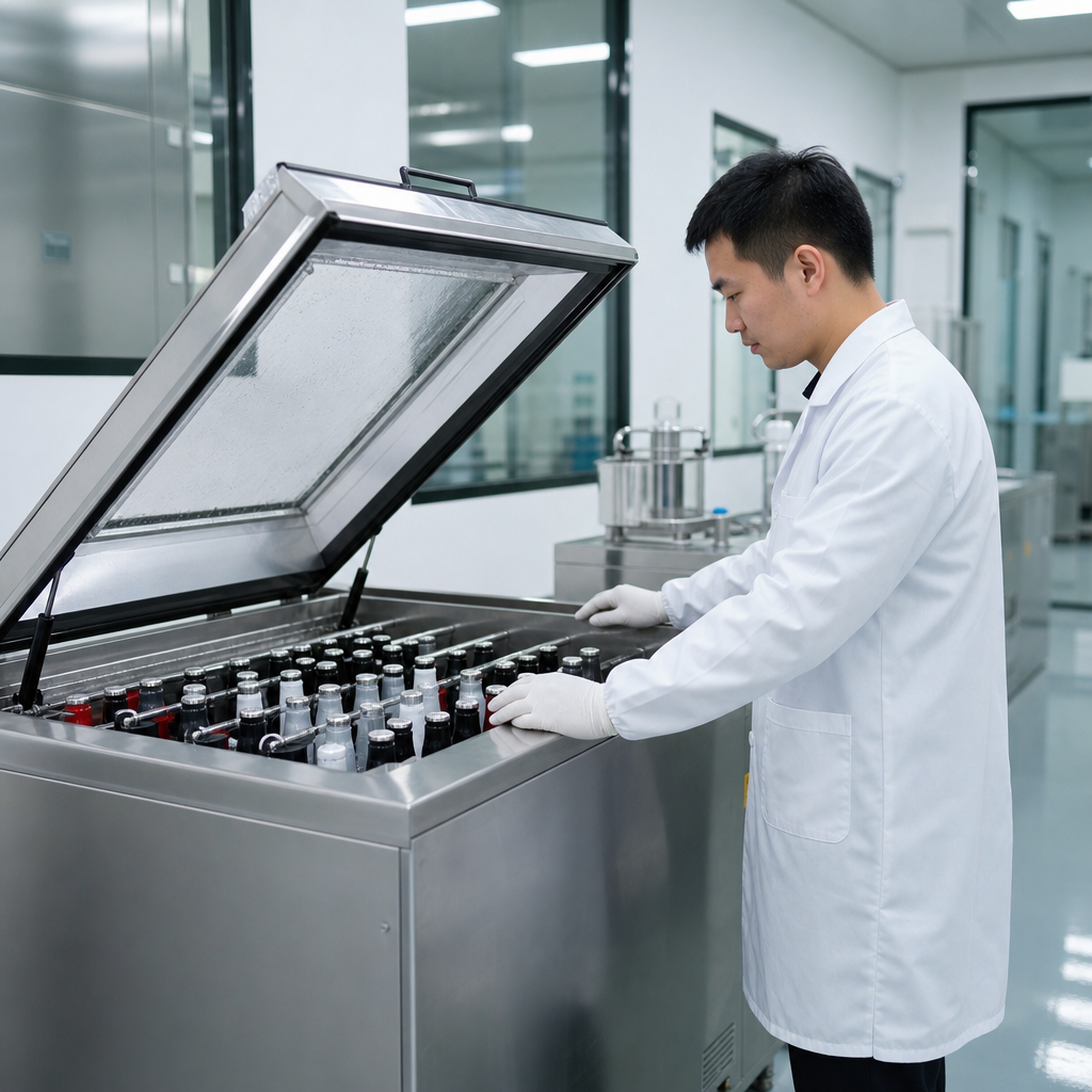Quality control lab with technician operating a salt spray corrosion test chamber