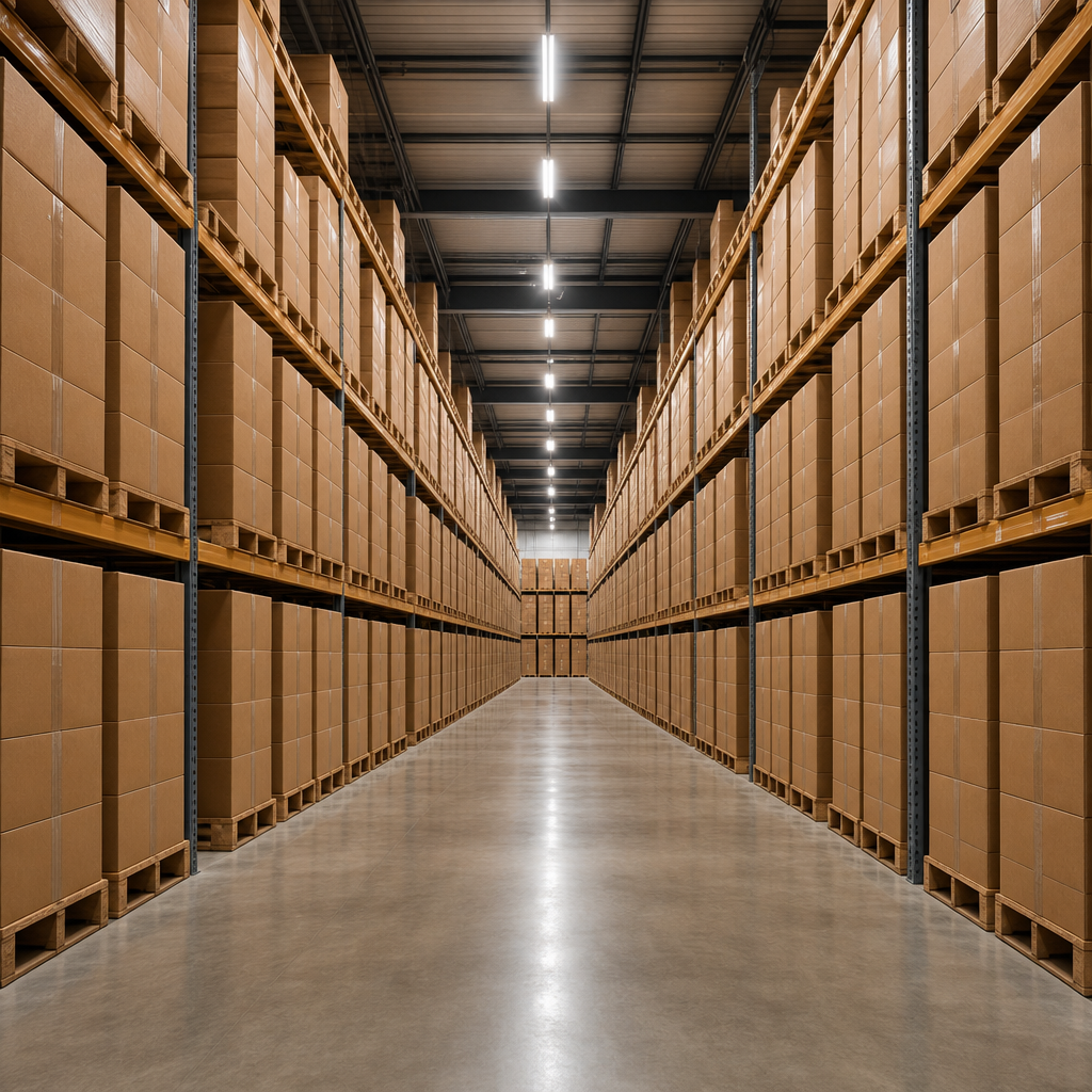 Rows of branded shipping cartons in a clean warehouse